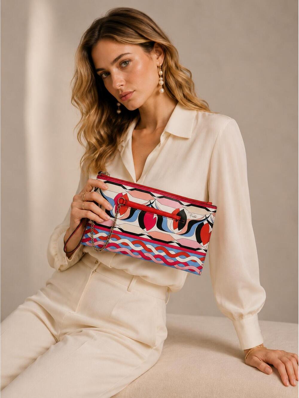 Pucci Iconic Geometric Print Leather Wristlet Pouch Chain Card Holder NWOT